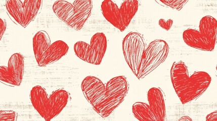 Hand-drawn red hearts pattern on cream canvas background