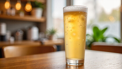 Refreshing mimosa drink in lively cafe, joyful brunch experience