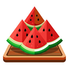 Symmetrical Watermelon Wedges Vector Art – Vibrant Red Flesh, Deep Green Rind & Wooden Platter for Summer Snack Illustrations