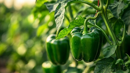 Green Bell Peppers Growing on the Vine in a Garden