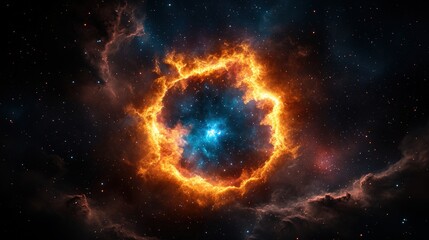 Bright orange nebula surrounded by dark blue nebula in a cosmic hyperspace warp tunnel abstract image