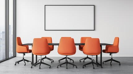 Modern Conference Room with Orange Chairs and Empty Wall Space