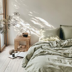 A Bedroom Scene Featuring Bedding and Accessories and Natural Lighting