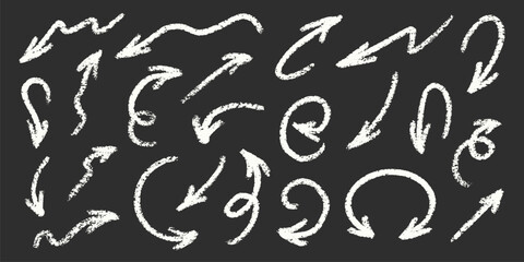 Chalk Arrows Squiggle Blackboard Vector Set. Crayon Scribble Pointer Shapes Collection. Colorful Hand Drawn Brush Texture Spiral Swirls. Pencil Emphasis Elements Charcoal Doodle Curved Symbols Bundle