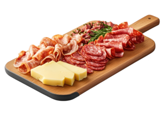 Rustic charcuterie board with sliced salami, chorizo, ham and herbs assortment