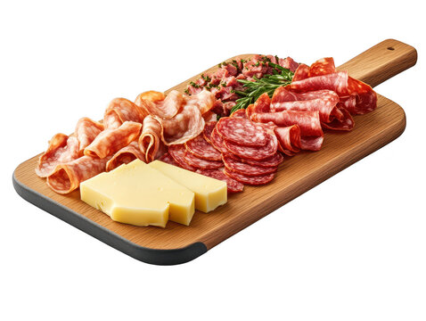Rustic charcuterie board with sliced salami, chorizo, ham and herbs assortment