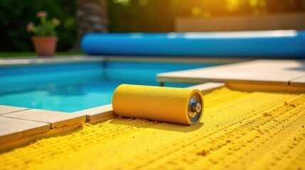 A yellow roller rests on bright yellow sand near a tranquil swimming pool during a sunny day, suggesting the process of pool construction or renovation.
