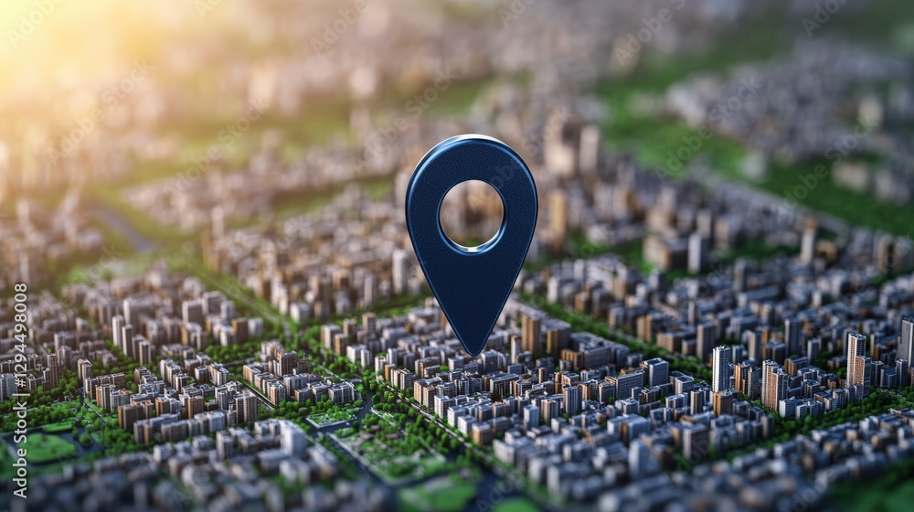 Poster map with location pin marker for urban navigation and geolocation tracking in city environment