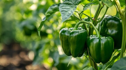 Fresh Green Bell Peppers Growing on a Plant in Garden