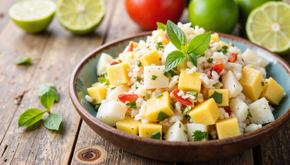 Colorful coconut lime fruit salad in rustic kitchen, fresh vitality