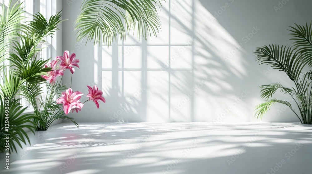 Poster bright sunlight filters through large windows, illuminating a tranquil room filled with elegant pink