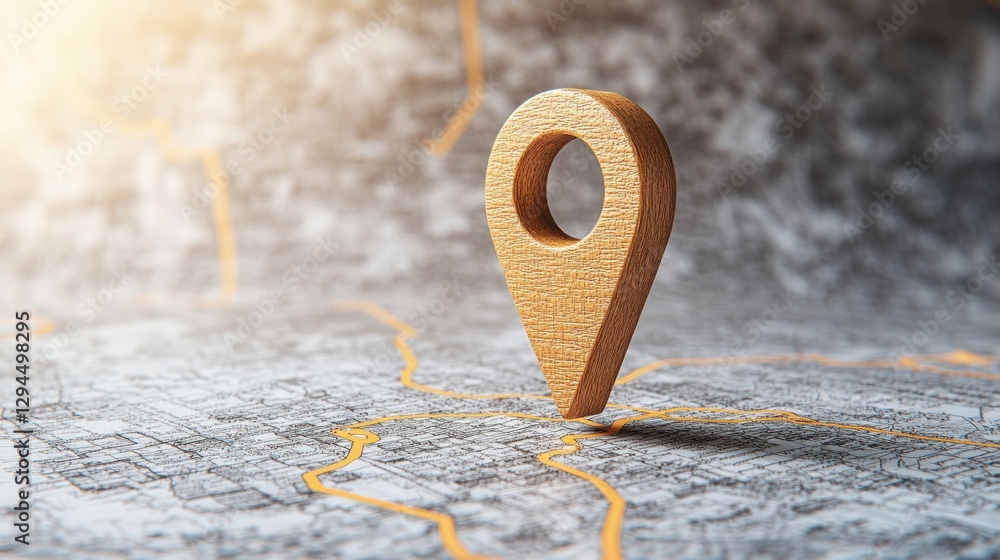 Poster wooden pin and location marker on a detailed map indicating specific geographic coordinates