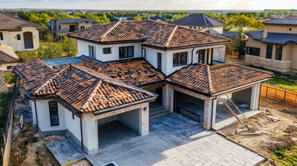 Modern house construction with tiled roof in suburban area