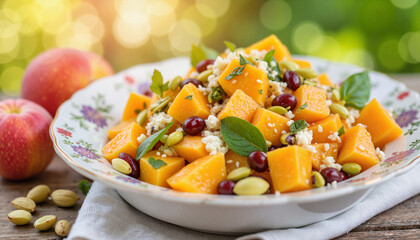 Vibrant apricot and pistachio salad at outdoor brunch table, fresh delight