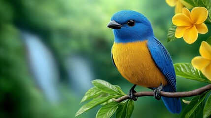 Obraz premium Exotic bird perched on a flowering branch in a lush jungle with a waterfall and misty background
