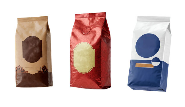 Conjunto de pacotes de caf&eacute; , embalagens de caf&eacute; mo&iacute;do , em gr&atilde;os, vermelho azul, marrom e de papel kraft isolado em fundo transparente 