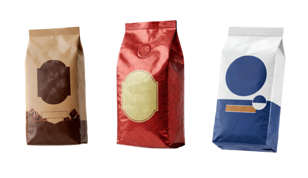 Conjunto de pacotes de café , embalagens de café moído , em grãos, vermelho azul, marrom e de papel kraft isolado em fundo transparente 
