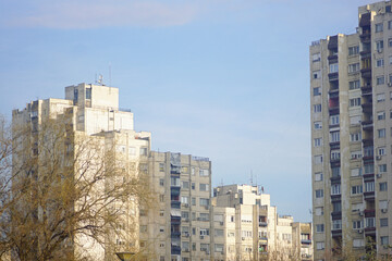 View of multi-level apartment buildings in the Blok 63 area of ​​Belgrade, Serbia. The beauty of brutalism: unusual communist-era architecture in the capital of the former Yugoslavia.