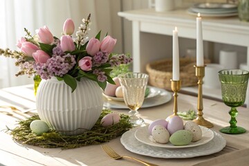 Easter table setting.   bouquet of pink tulips and lilac flowers in a vase. Easter eggs on a plate. Candles are burning in candlesticks