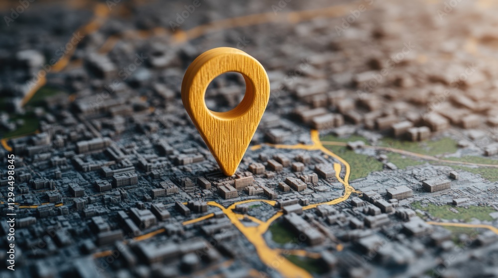 Poster wooden pin and location marker on a map indicating specific geographical location and navigation pur