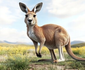 Fototapeta premium A Curious Kangaroo Standing Tall in a Flowery Australian Meadow
