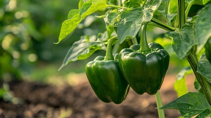 Two green bell peppers hanging on the plant in garden