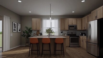 Modern Kitchen Interior with Island and Stylish Bar Stools