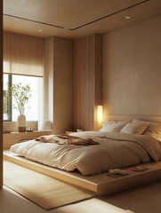 Luxurious minimalistic bedroom featuring a calm and inviting atmosphere