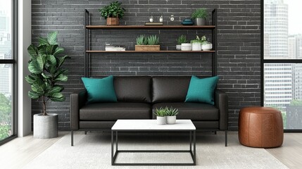 Modern Living Room with Greenery and Stylish Furniture Setup