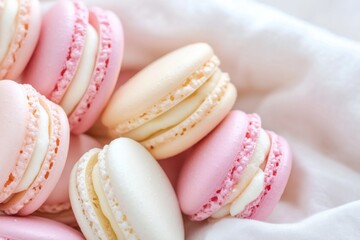 Fototapeta premium Colorful macaron pastries arranged beautifully on a soft fabric background perfect for dessert lovers and pastry enthusiasts
