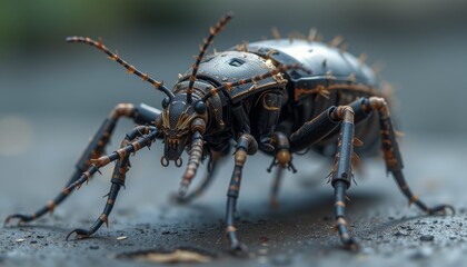 Fototapeta premium Cybernetic Insectoid Robot Crawling on a Surface with Realistic Joints and Segments