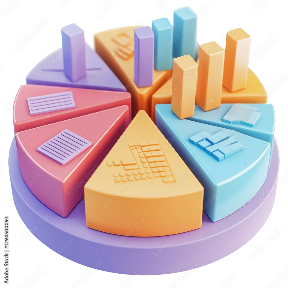 Poster colorful pie chart with 3d segments and bar graphs, representing data visualization and analysis. id