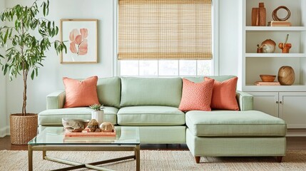 Fototapeta premium Modern Living Room with Mint Sofa and Stylish Decor Elements