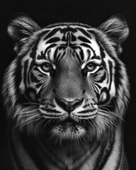 Striking Monochrome Portrait of a Majestic Tiger with Dramatic Shadows and Intense Gaze