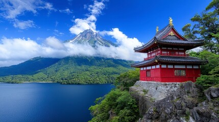 Obraz premium Red pagoda on a cliff overlooking a serene lake in japan with lush greenery surrounding the scene