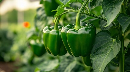Green bell peppers growing on a vine in a garden