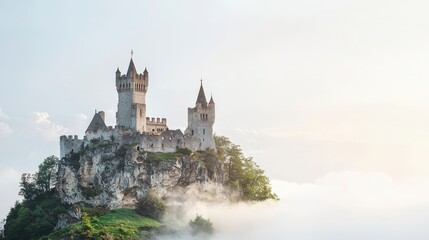 Obraz premium Majestic Medieval Castle on Foggy Clifftop Fairytale Fortress Ancient Stone Structure