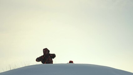 teamwork silhouette. handshake comrades rejoicing victory. shake hands command group mountain hill sunset. overcome difficulties. top cliff goal climbers. trekking snowy winter hike happy successful - Powered by Adobe
