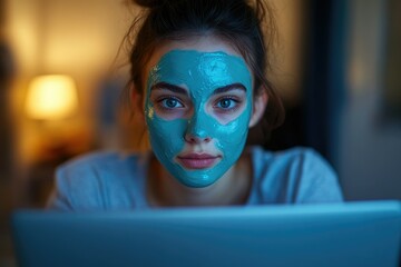 Young woman with a teal face mask relaxes and uses a laptop.