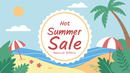 Summer Sale Beach Banner Vector – Tropical Scene with Palm Trees, Umbrellas & Ocean Waves for Promotions. Hot Summer Sale Vector – Beach Theme with Umbrellas & Waves. Tropical Beach Sale Banner. 