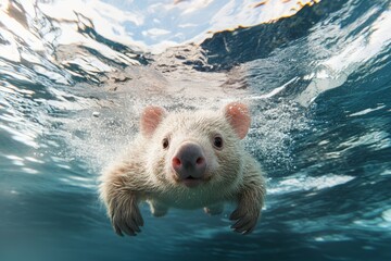 Underwater Encounter Adorable Wombat Swimming in Crystal Clear Waters
