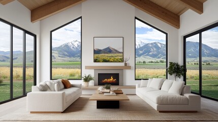 Obraz premium Modern Living Room with Mountain View and Cozy Fireplace Decor