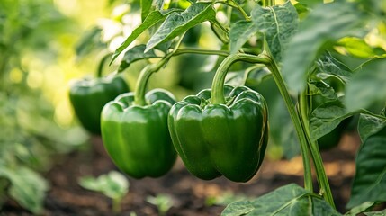 Green bell peppers growing in a well lit garden environment