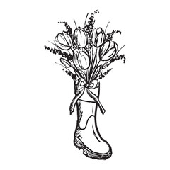 Rubber boots with tulip flowers bouquet. Garden shoes, equipment. Black brush stroke texture isolated on white. Hand drawn vector sketch illustration in vintage charcoal ink. Spring fashion