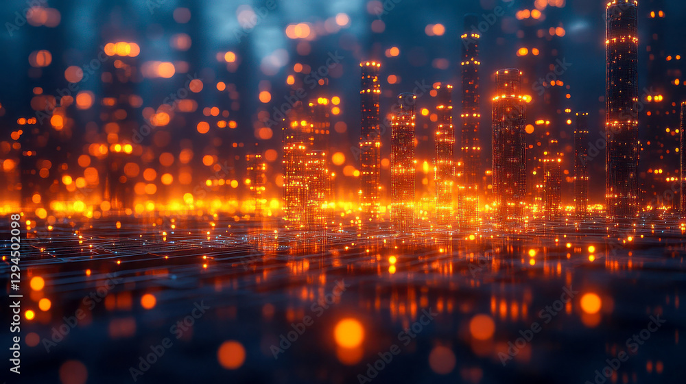Poster a conceptual city skyline made of glowing data points, representing artificial intelligence and futu