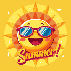 Hello Summer Sun Vector Art – Cheerful Sunglasses-Wearing Sun & Bold Banner for Seasonal Branding & Social Media, Hello Summer Sun Vector – Sunglasses & Bold Banner Design, Summer Sun Graphic