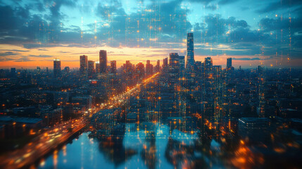 Fototapeta premium A digital futuristic city skyline at sunset, with glowing lights and a cyberpunk aesthetic