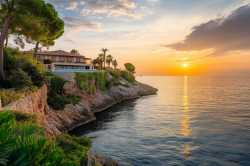 Fototapeta premium Luxury Villa on Rocky Coast at Sunset with Ocean View