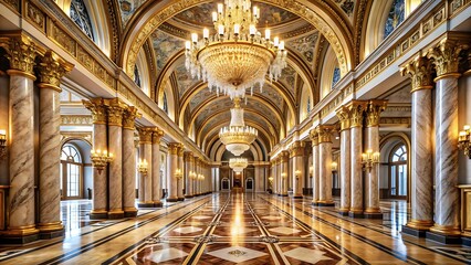 Fototapeta premium A grand and opulent hall with a series of large, ornate chandeliers hanging from a beautifully decorated arched ceiling