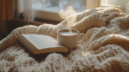 Cozy Flat Lay with Warm Wool Blanket and Coffee